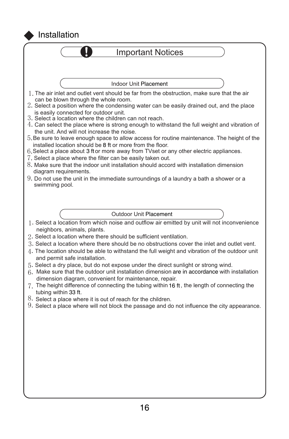 Important notices, Installation | Friedrich MW12C1H User Manual | Page 20 / 28