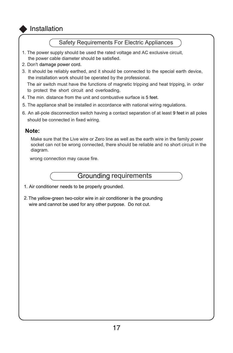 Installation, Requirements grounding 17 | Friedrich MW12C1H User Manual | Page 21 / 28