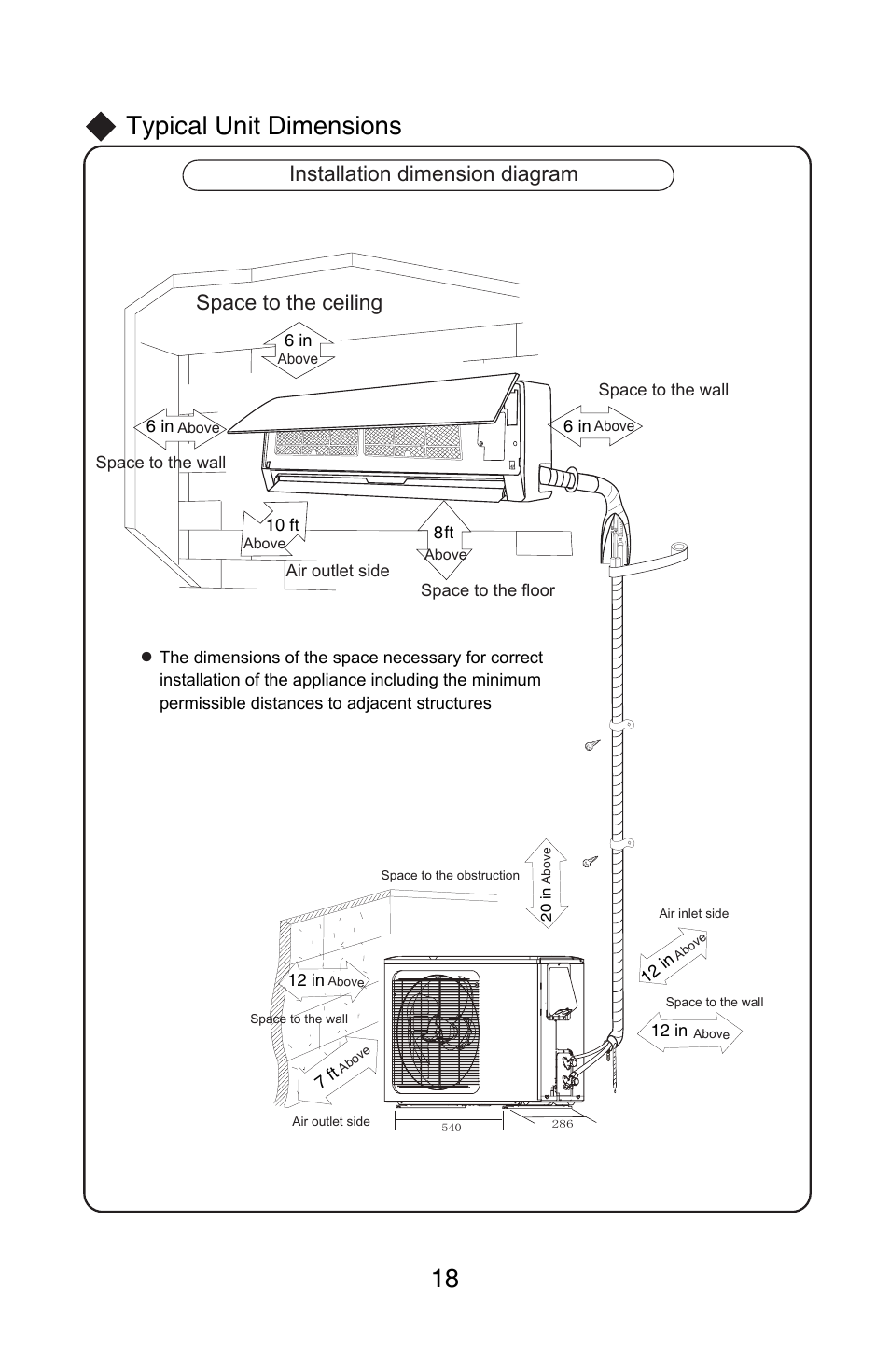 Typical unit dimensions | Friedrich MW12C1H User Manual | Page 22 / 28