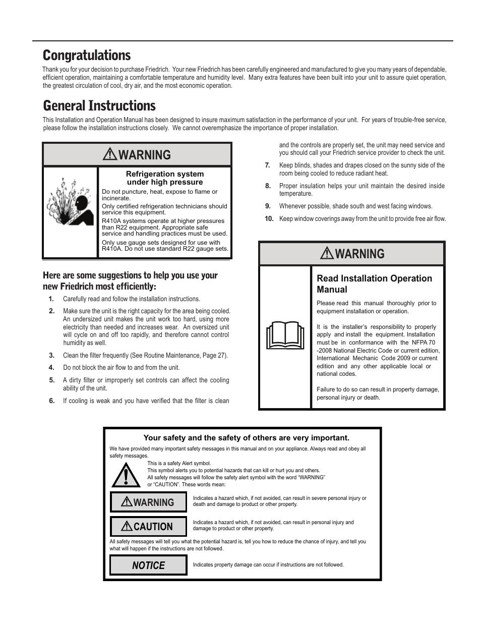 General instructions, Warning, Notice caution a nin | Read installation operation manual | Friedrich MW12C1H User Manual | Page 4 / 28
