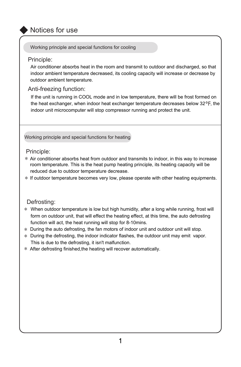 Notices for use | Friedrich MW12C1H User Manual | Page 5 / 28