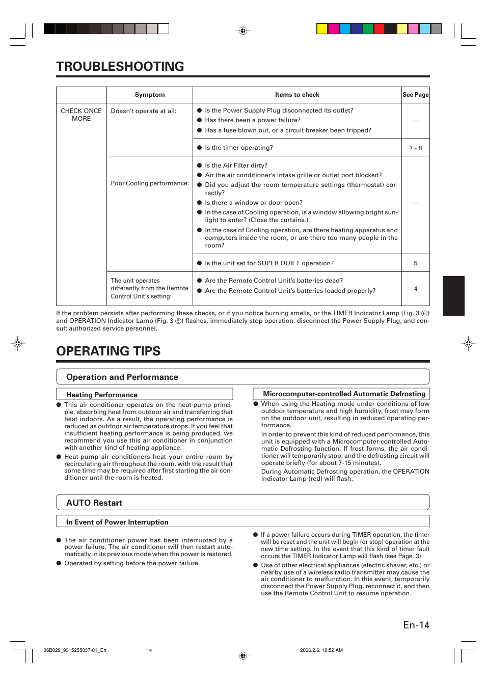 Troubleshooting, Operating tips, En-14 | Friedrich HEAT&COOLING MODEL INVERTER (REVERSE CYCLE) ROOM AIR CONDITIONER WALL MOUNTED TYPE User Manual | Page 15 / 50