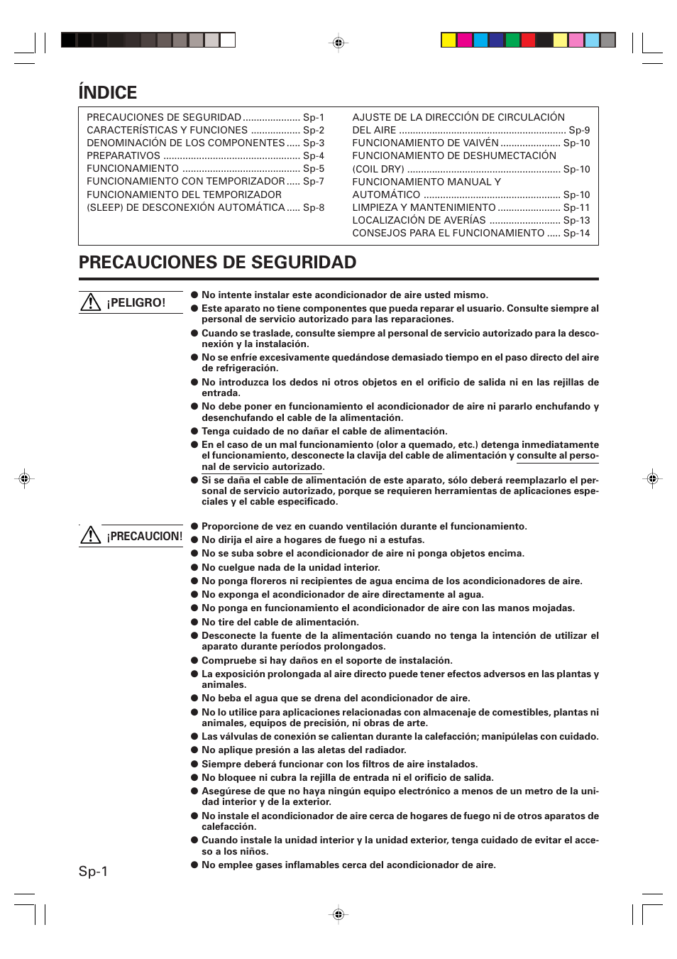 Índice, Precauciones de seguridad, Sp-1 | Friedrich HEAT&COOLING MODEL INVERTER (REVERSE CYCLE) ROOM AIR CONDITIONER WALL MOUNTED TYPE User Manual | Page 34 / 50