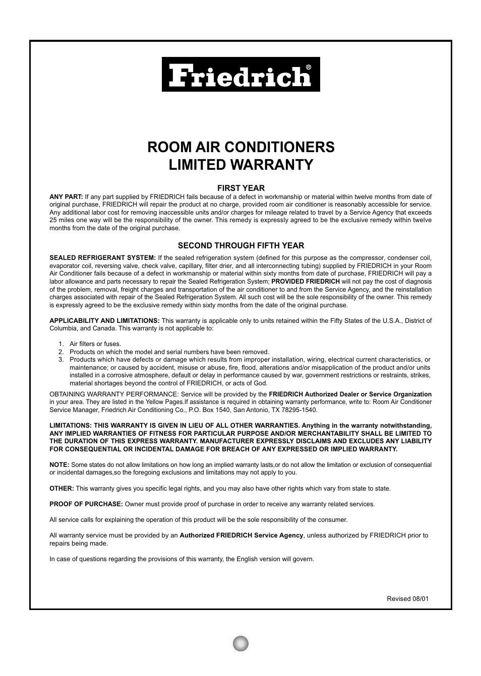 Room air conditioners limited warranty, Friedrich air conditioning co | Friedrich ZStar User Manual | Page 14 / 43