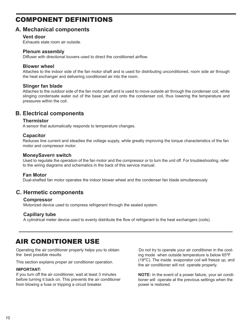 Component definitions, Air conditioner use | Friedrich 2008 User Manual | Page 12 / 44