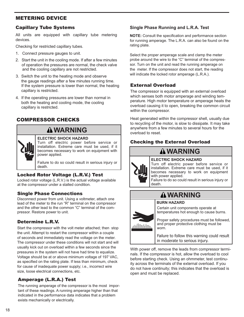 Warning, Metering device, Compressor checks | Friedrich 2008 User Manual | Page 20 / 44