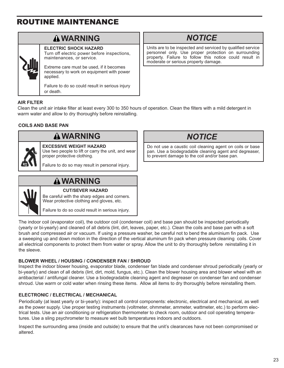 Notice, Warning, Routine maintenance | Friedrich 2008 User Manual | Page 25 / 44