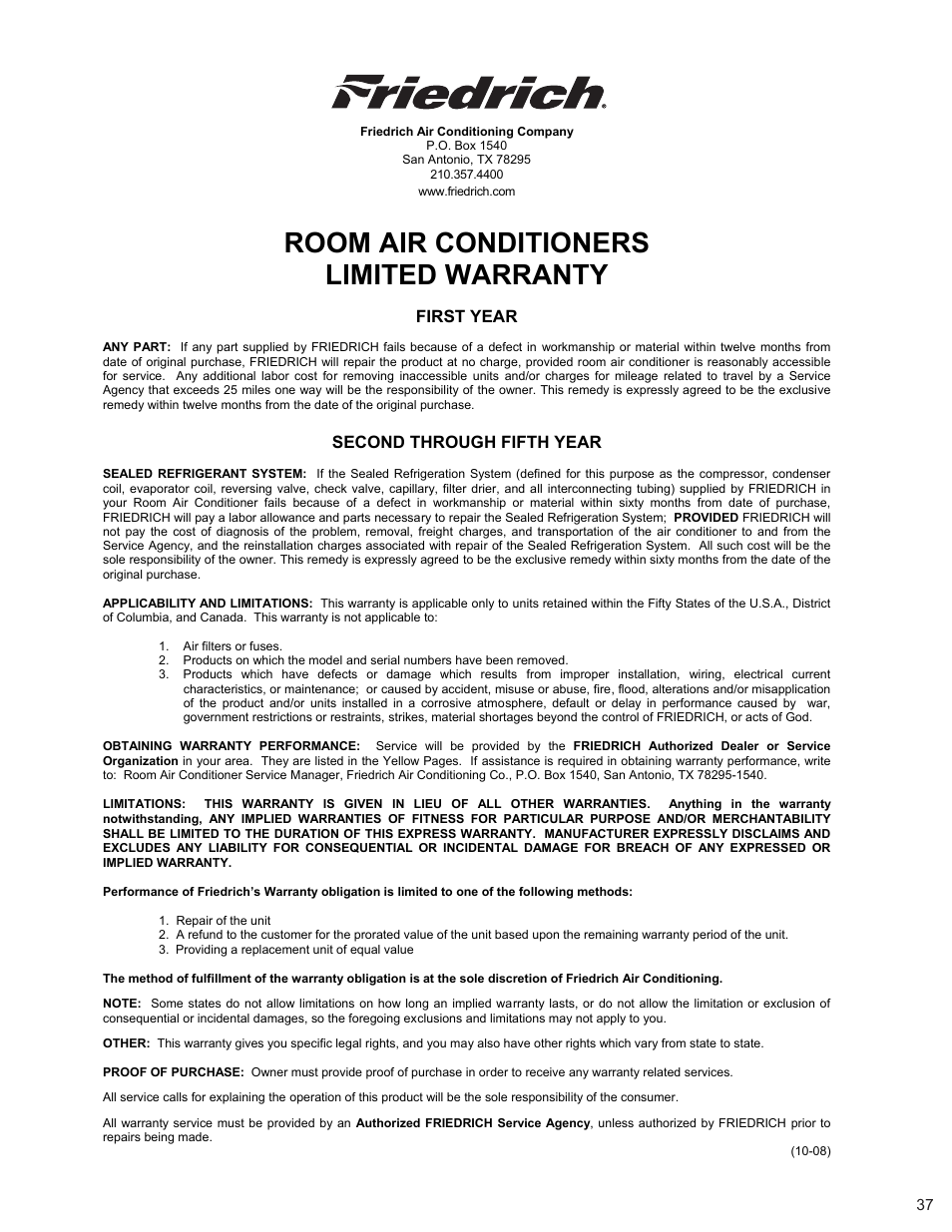 Room air conditioners limited warranty, First year, Second through fifth year | Friedrich 2008 User Manual | Page 39 / 44