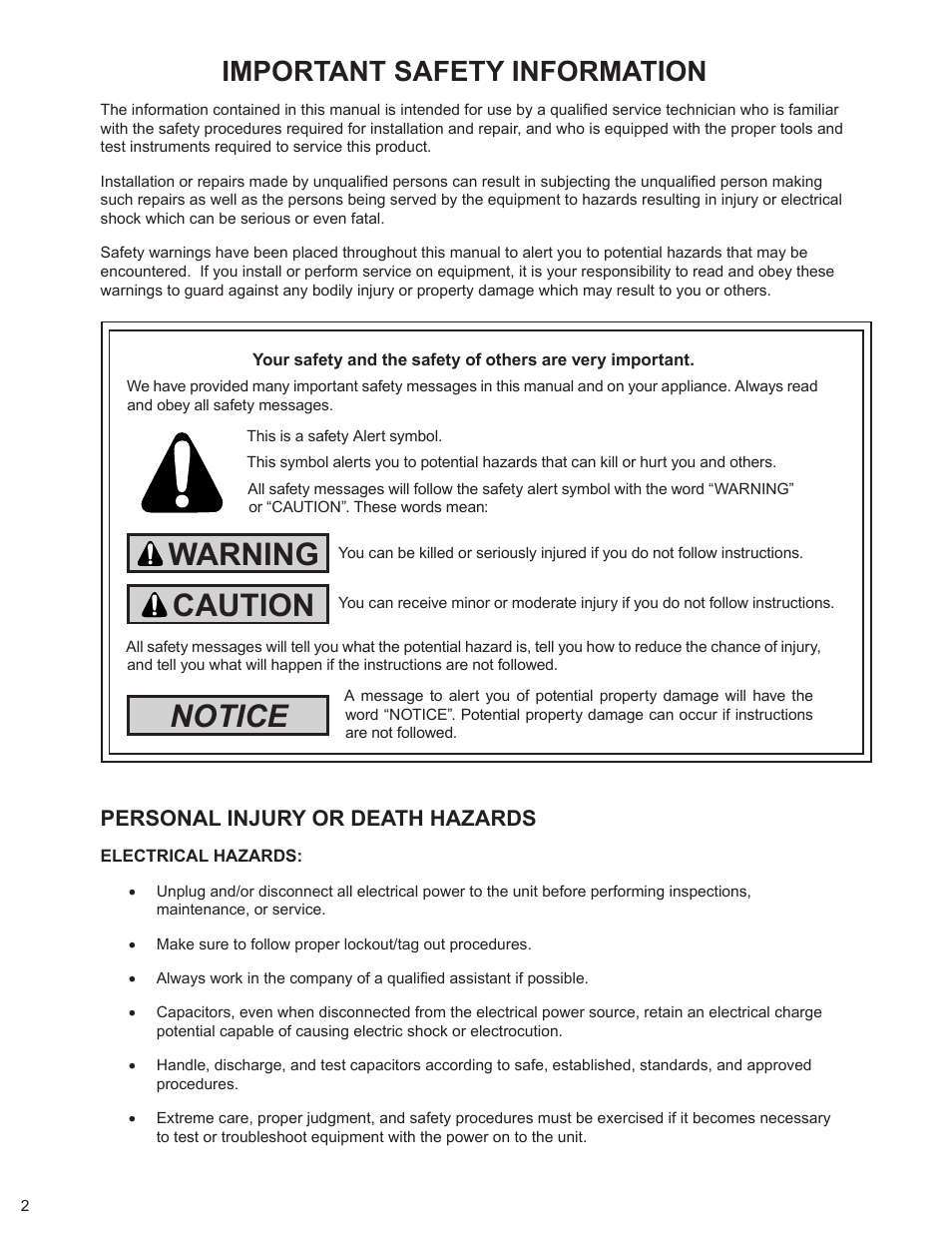 Warning caution notice, Important safety information, Personal injury or death hazards | Friedrich 2008 User Manual | Page 4 / 44