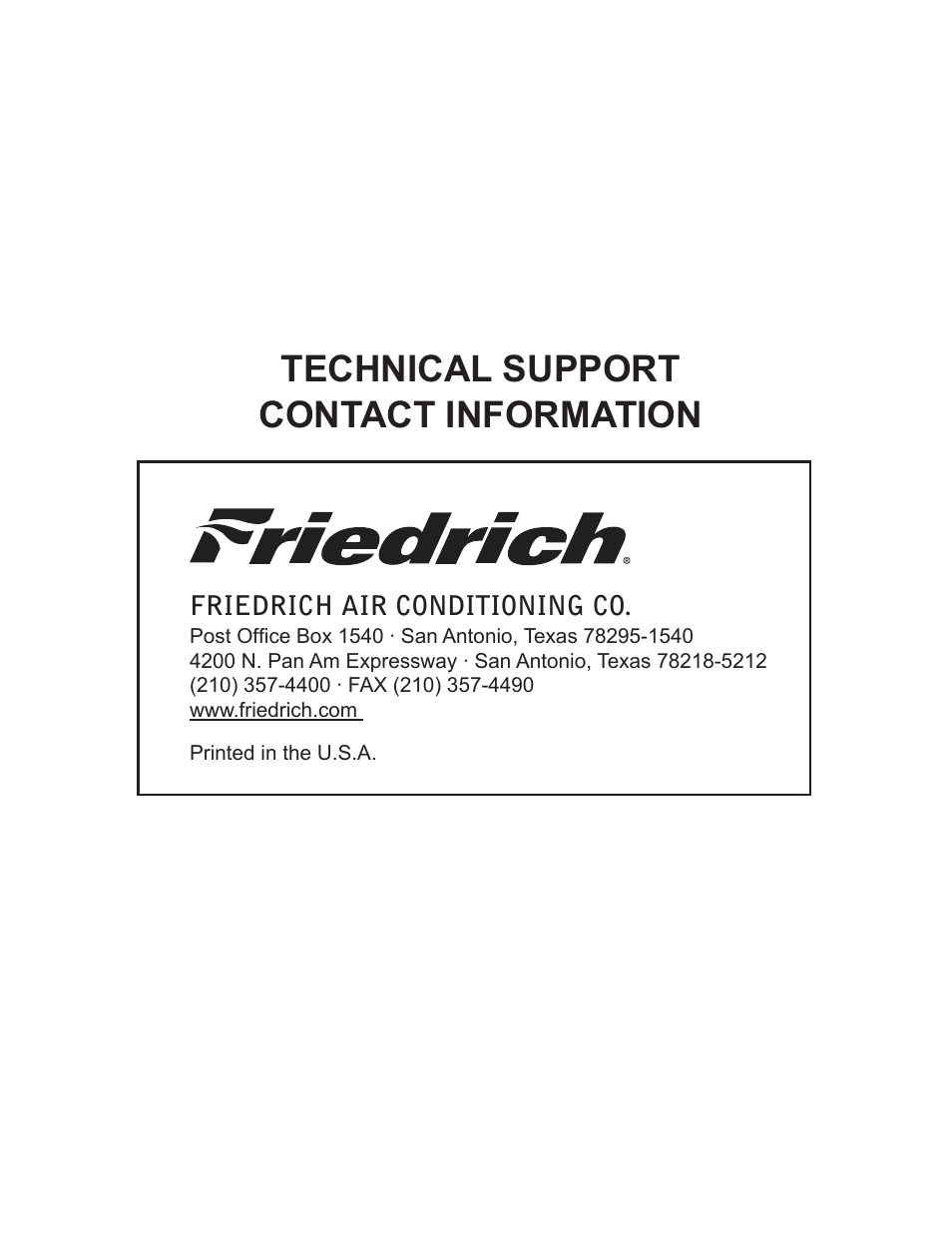 Technical support contact information | Friedrich 2008 User Manual | Page 43 / 44