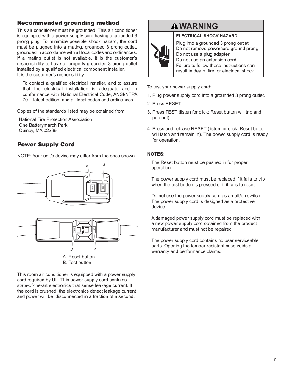 Warning, Recommended grounding method, Power supply cord | Friedrich 2008 User Manual | Page 9 / 44