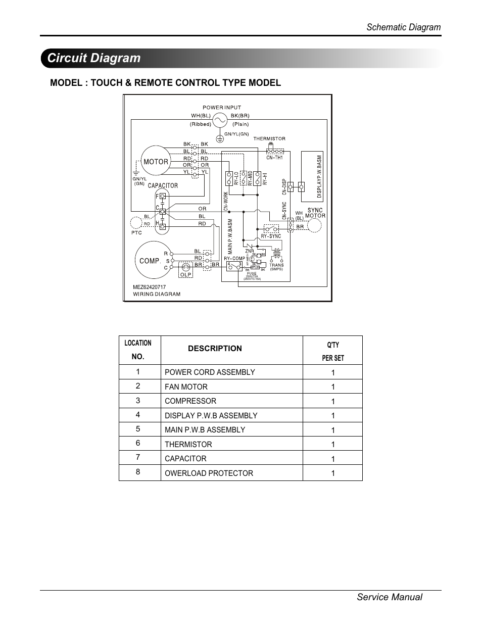Circuit diagram, Service manual 15 schematic diagram, Model : touch & remote control type model | Friedrich CP10F10 User Manual | Page 15 / 28