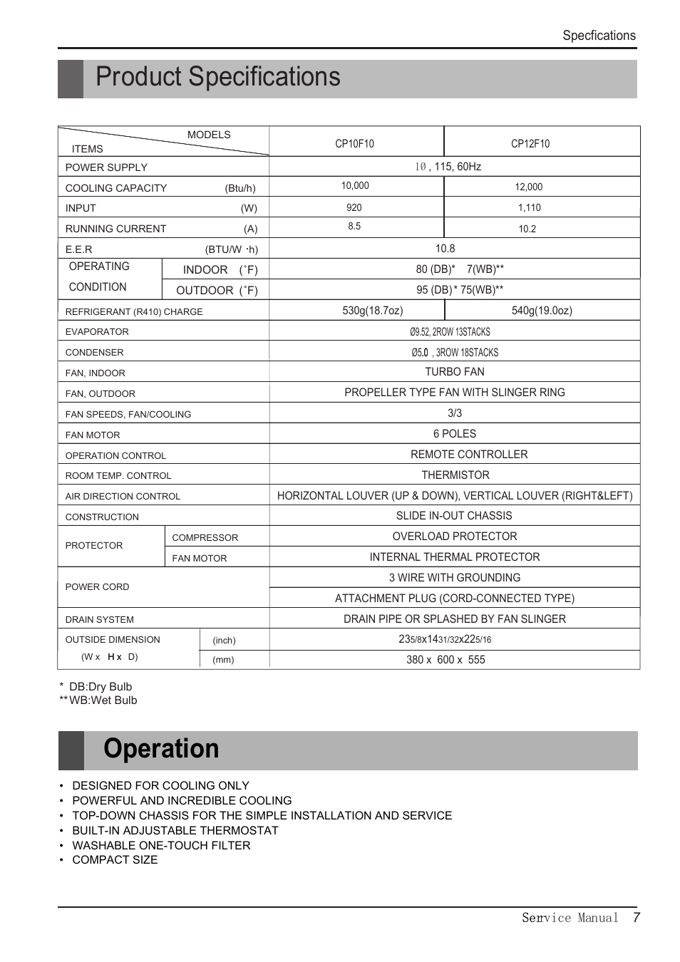 Product specifications, Operation | Friedrich CP10F10 User Manual | Page 7 / 28