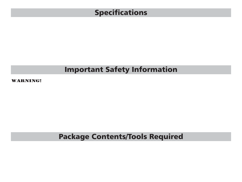 Specifications important safety information, Package contents/tools required | Friedrich RT5 User Manual | Page 4 / 14