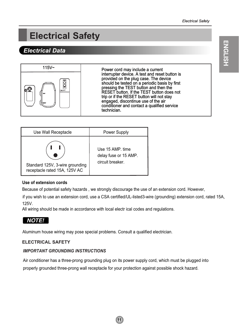 Electrical safety, English, Electrical data | Friedrich ZQ07 User Manual | Page 12 / 43