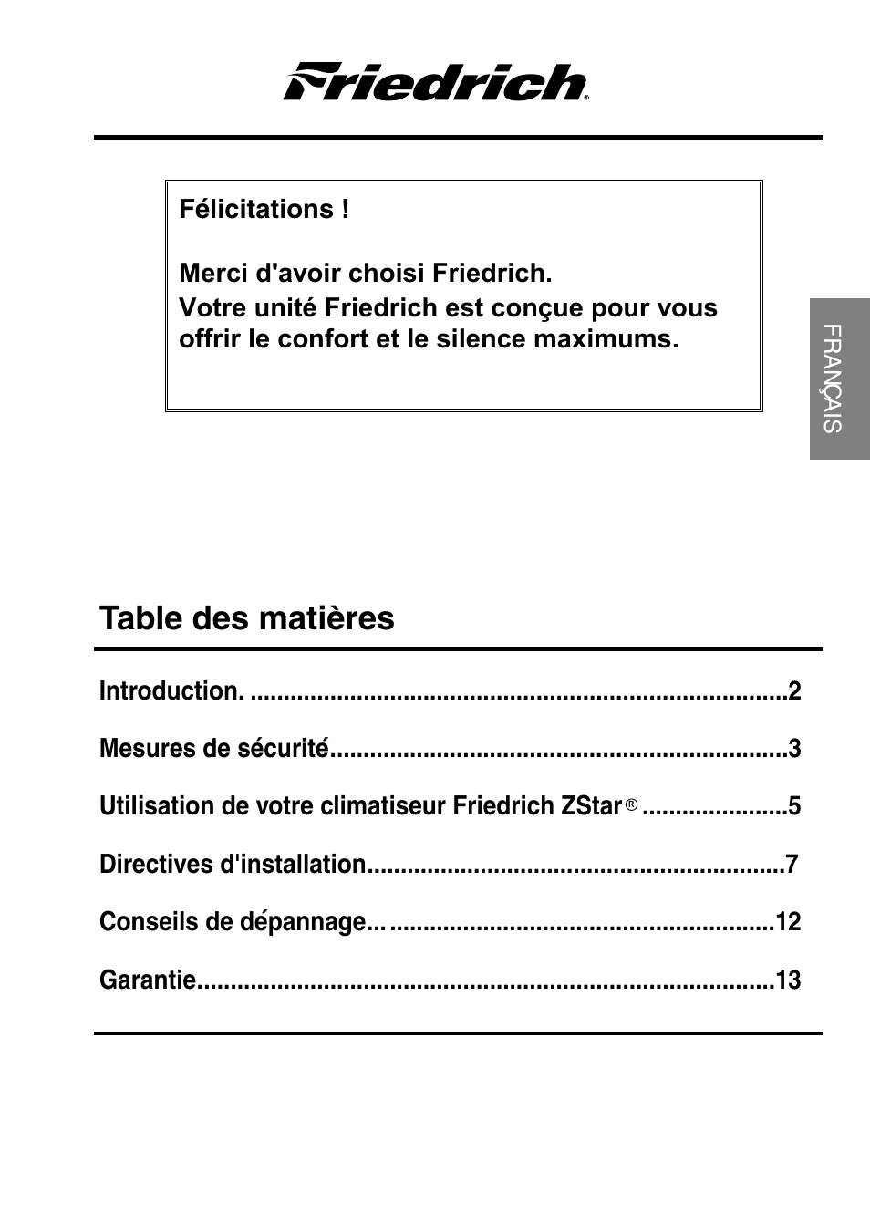 Table des ` matieres | Friedrich ZQ07 User Manual | Page 16 / 43