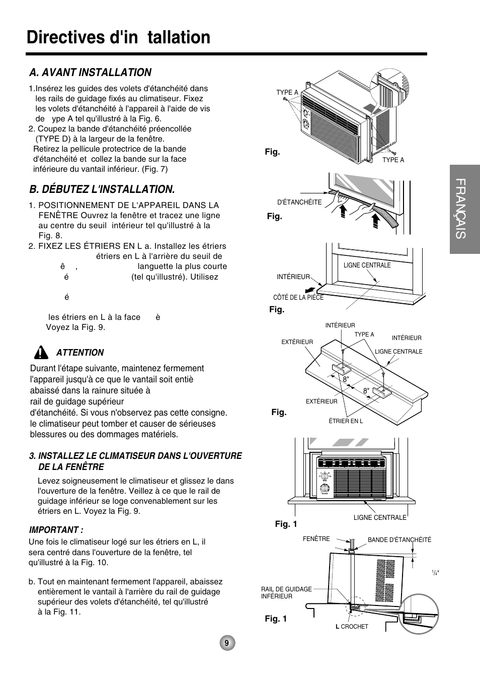 Directives d'installation, Fran ç ais, A. avant installation | B. débutez l'installation, Attention | Friedrich ZQ07 User Manual | Page 24 / 43