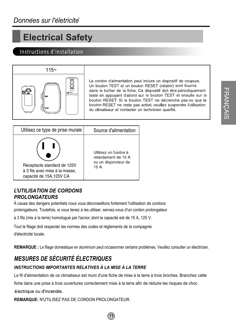 Electrical safety, Donnees sur l'eletricite, Mesures de securite electriques | Instructions d' installation français | Friedrich ZQ07 User Manual | Page 26 / 43