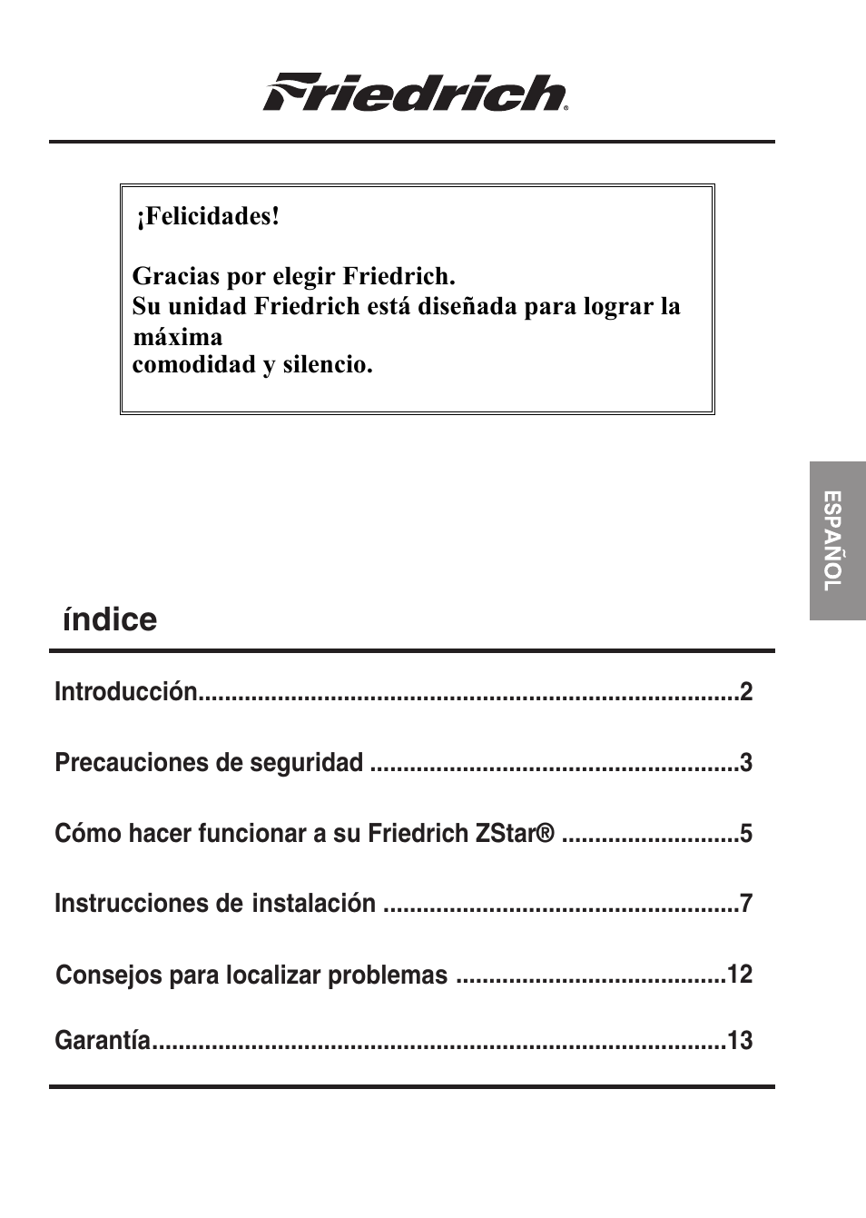 Ndice | Friedrich ZQ07 User Manual | Page 30 / 43