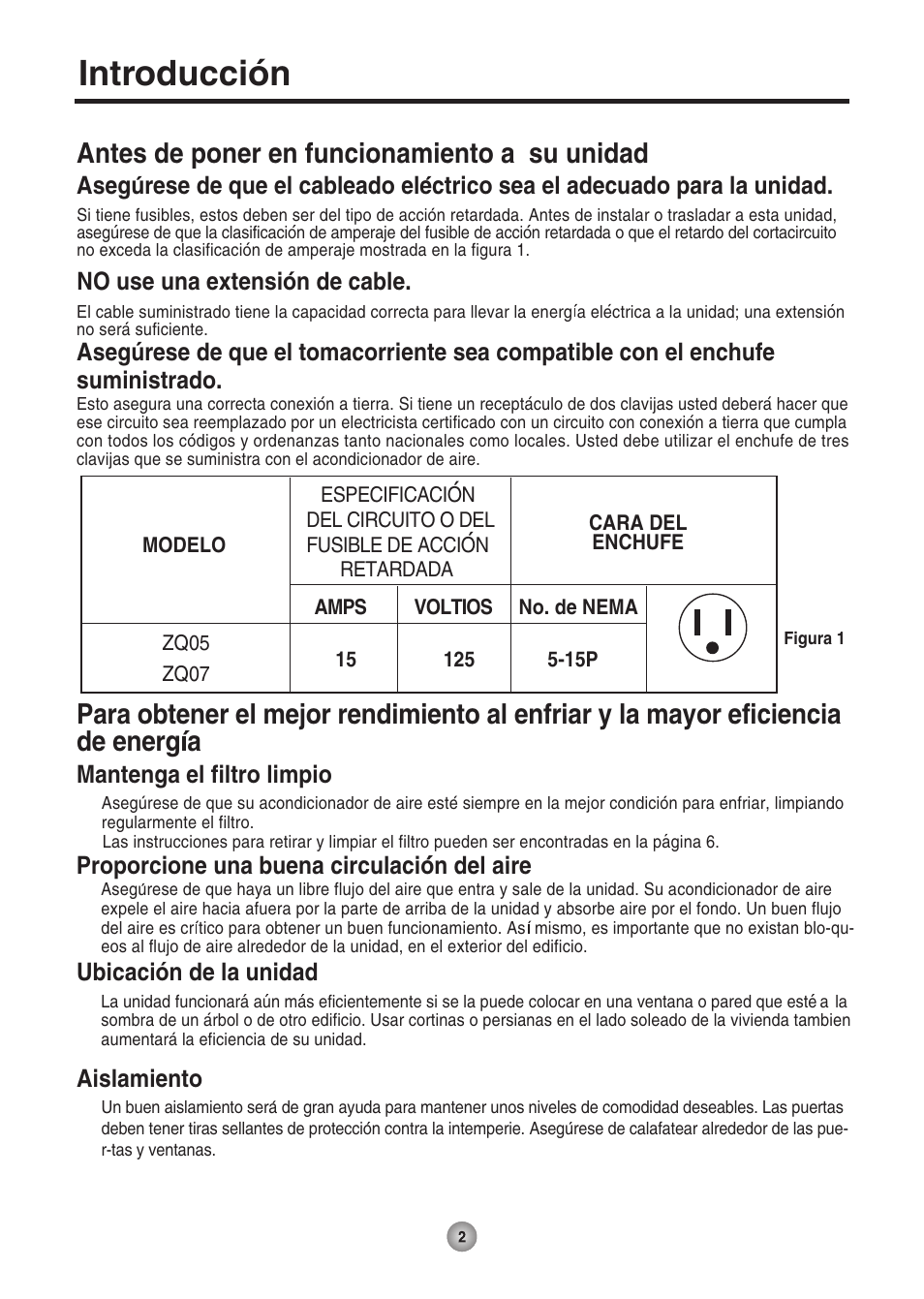 Introducción, Antes de poner en funcionamiento a su unidad, Ubicación de la unidad | Proporcione una buena circulacion del aire, Mantenga el filtro limpio, Aislamiento | Friedrich ZQ07 User Manual | Page 31 / 43