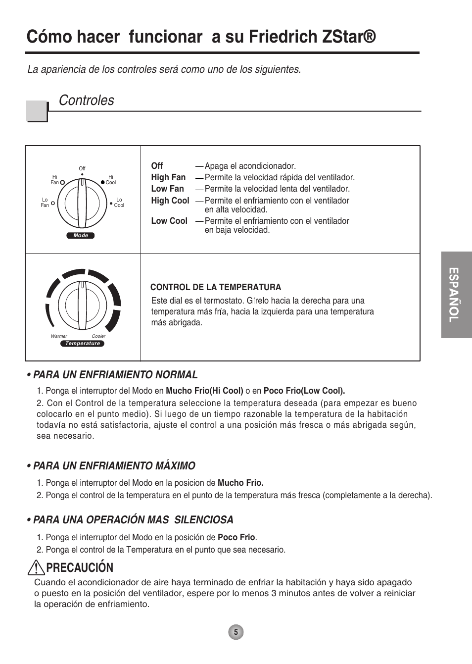 Cómo hacer funcionar a su friedrich zstar, Controles, Precaucion | Para una operación mas silenciosa | Friedrich ZQ07 User Manual | Page 34 / 43