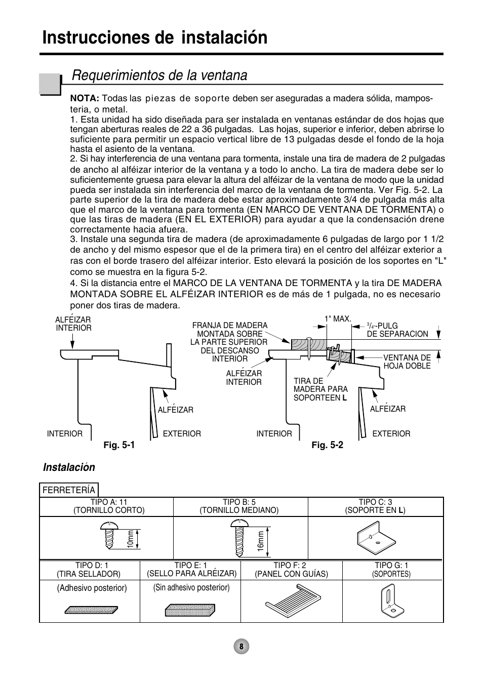 Instrucciones de instalación, Requerimientos de la ventana, Instalacion | Friedrich ZQ07 User Manual | Page 37 / 43