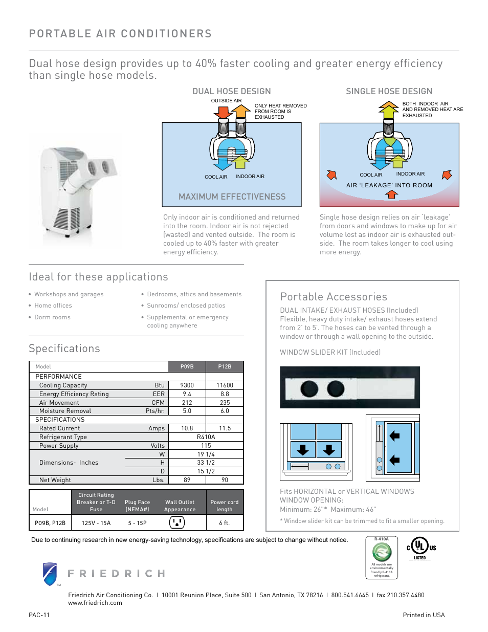 Portable accessories, Ideal for these applications specifications, Portable air conditioners | Dual hose design single hose design, Maximum effectiveness | Friedrich 1883 User Manual | Page 2 / 2