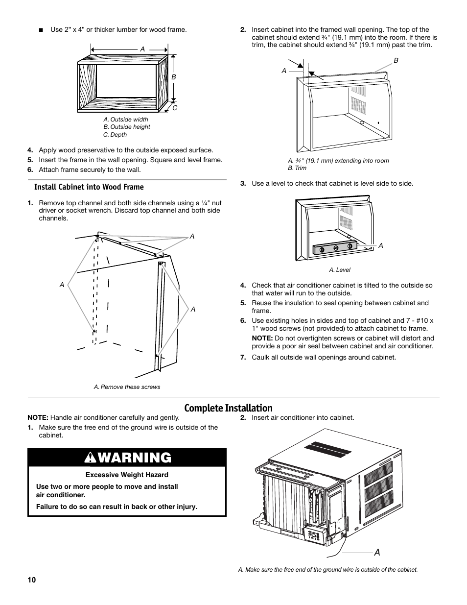 Warning, Complete installation | Friedrich CP14 User Manual | Page 10 / 16