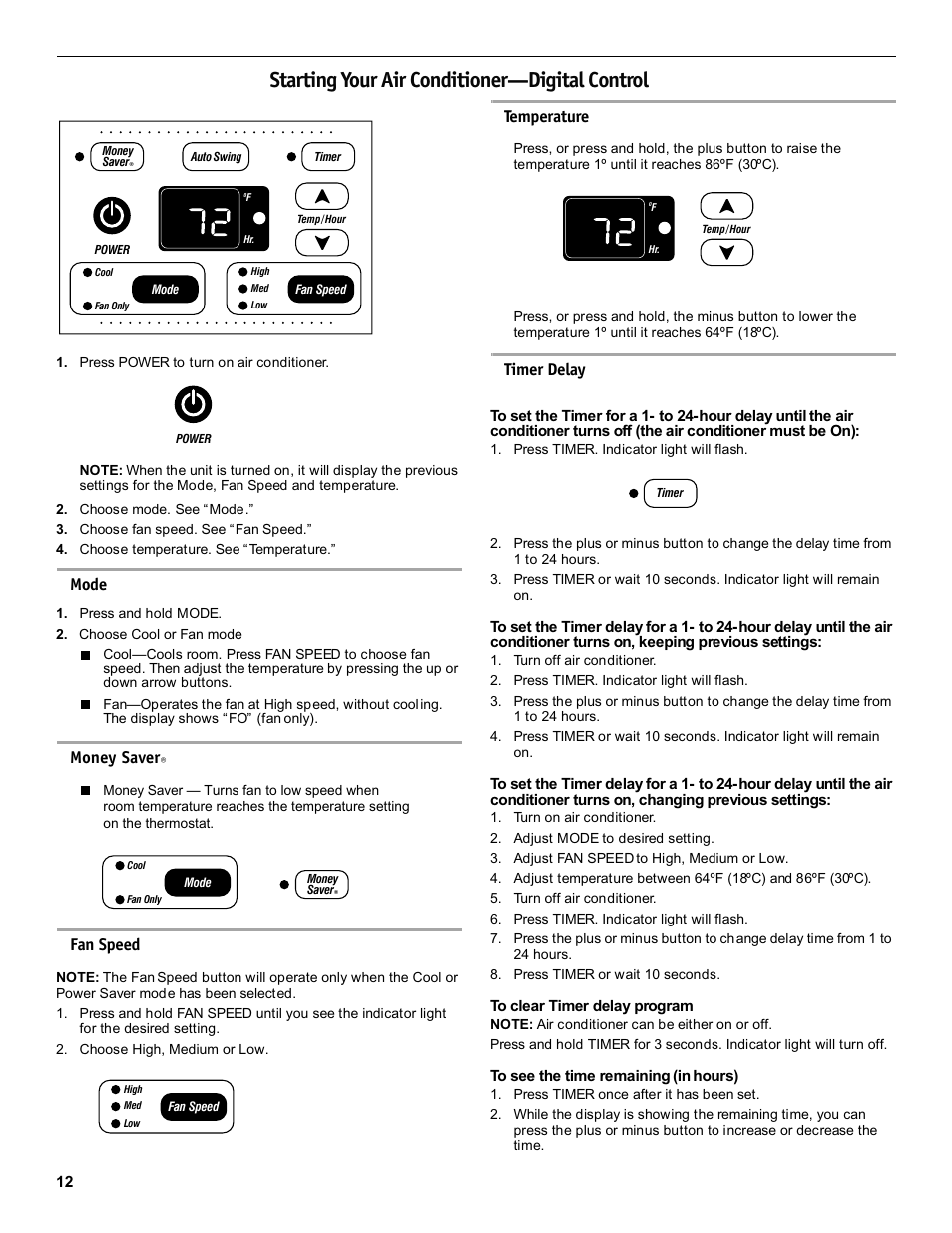 Starting your air conditioner—digital control, Mode, Fan speed | Temperature, Timer delay, Money saver | Friedrich CP14 User Manual | Page 12 / 16