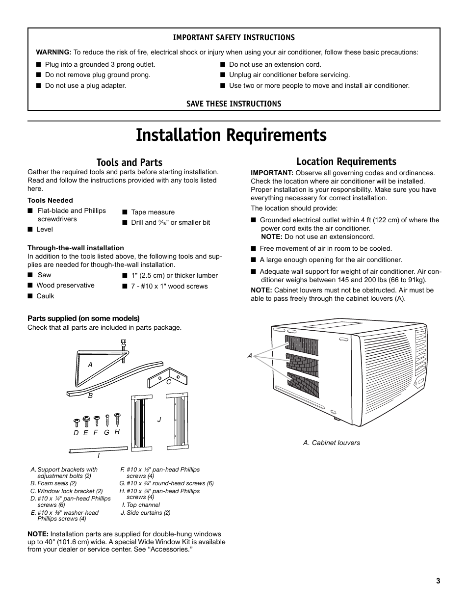 Installation requirements, Tools and parts, Location requirements | Friedrich CP14 User Manual | Page 3 / 16