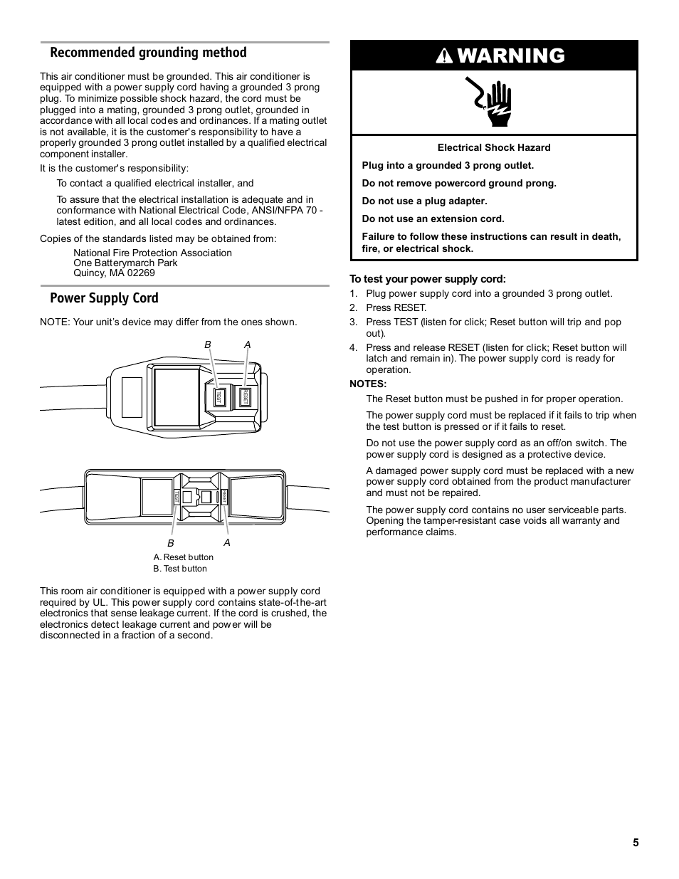 Warning, Recommended grounding method, Power supply cord | Friedrich CP14 User Manual | Page 5 / 16
