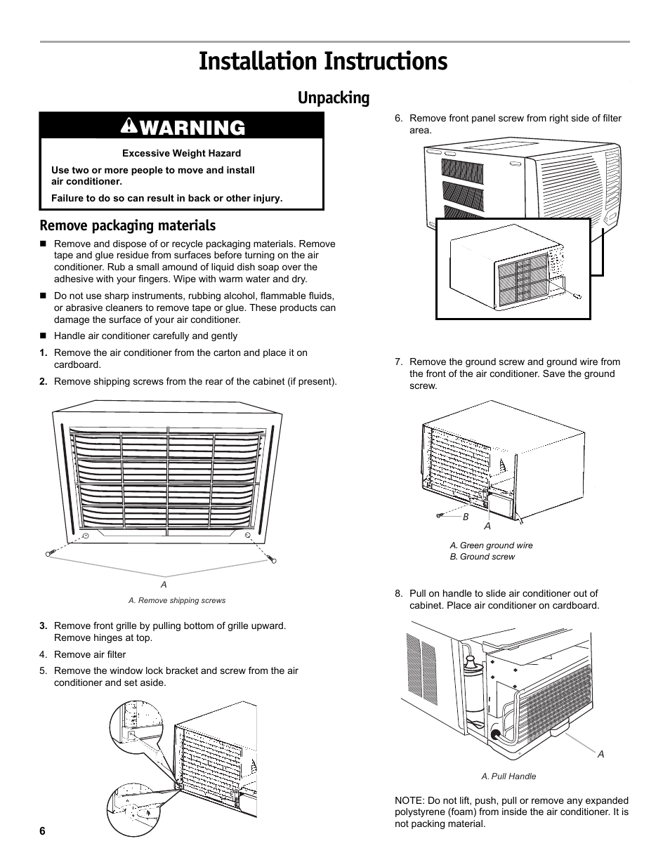 Installation instructions, Warning, Unpacking | Remove packaging materials | Friedrich CP14 User Manual | Page 6 / 16