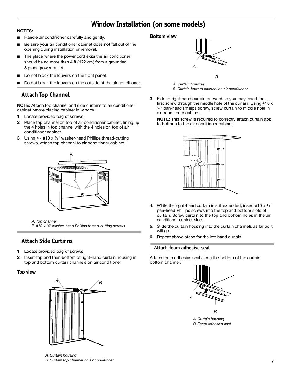 Window installation (on some models), Attach top channel, Attach side curtains | Friedrich CP14 User Manual | Page 7 / 16