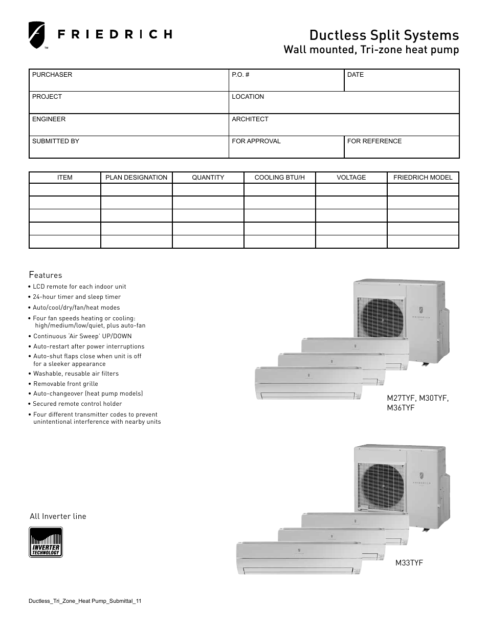 Friedrich DUCTLESS SPLIT SYSTEMS M36TYF1 User Manual | 2 pages