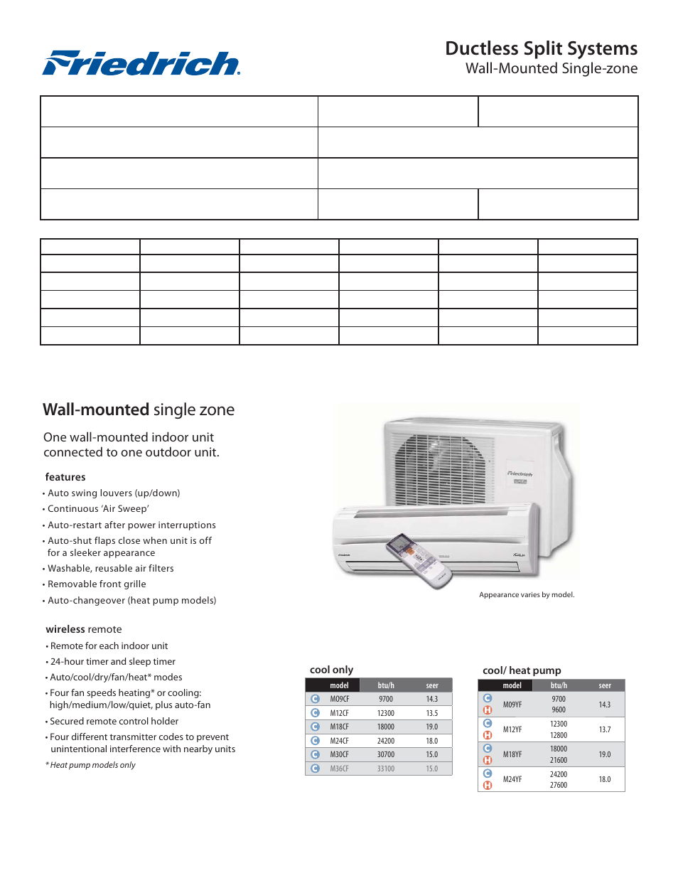 Friedrich M09CF User Manual | 2 pages