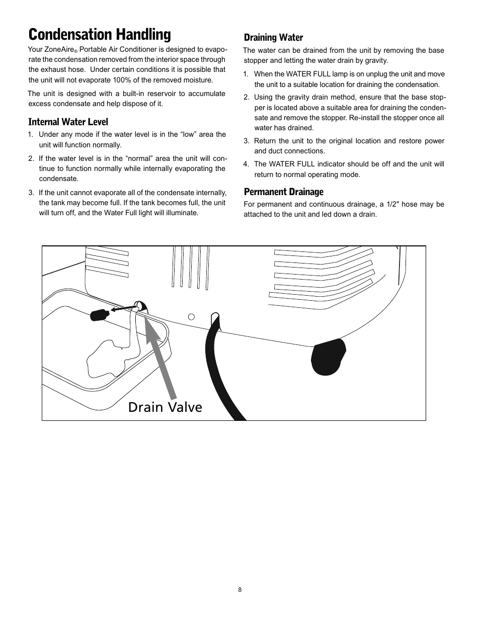 Condensation handling, Drain valve, Internal water level | Draining water, Permanent drainage | Friedrich P09A User Manual | Page 8 / 12