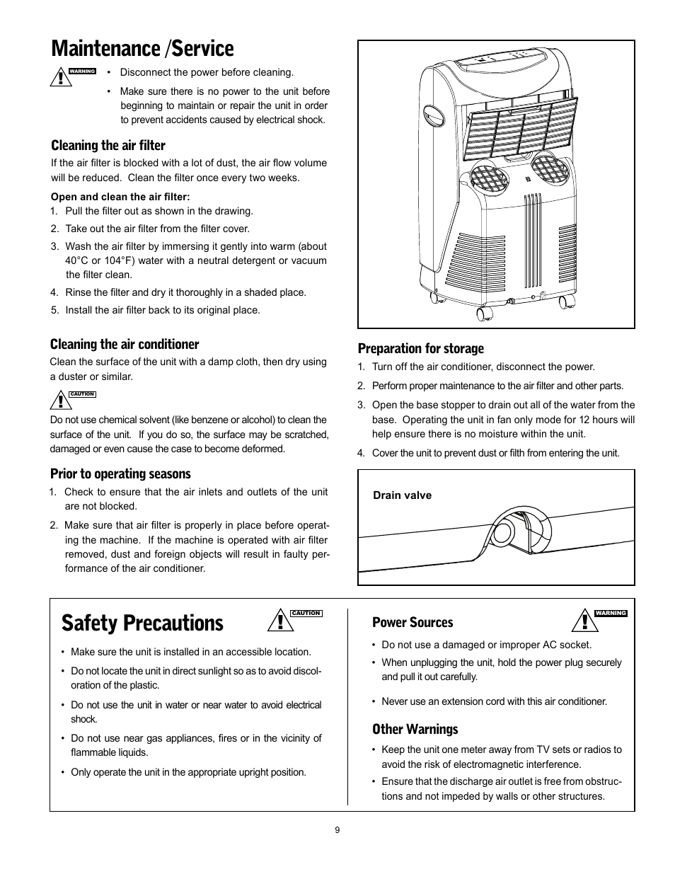 Safety precautions, Maintenance /service, Cleaning the air conditioner | Prior to operating seasons, Preparation for storage, Power sources, Other warnings, Cleaning the air filter | Friedrich P09A User Manual | Page 9 / 12