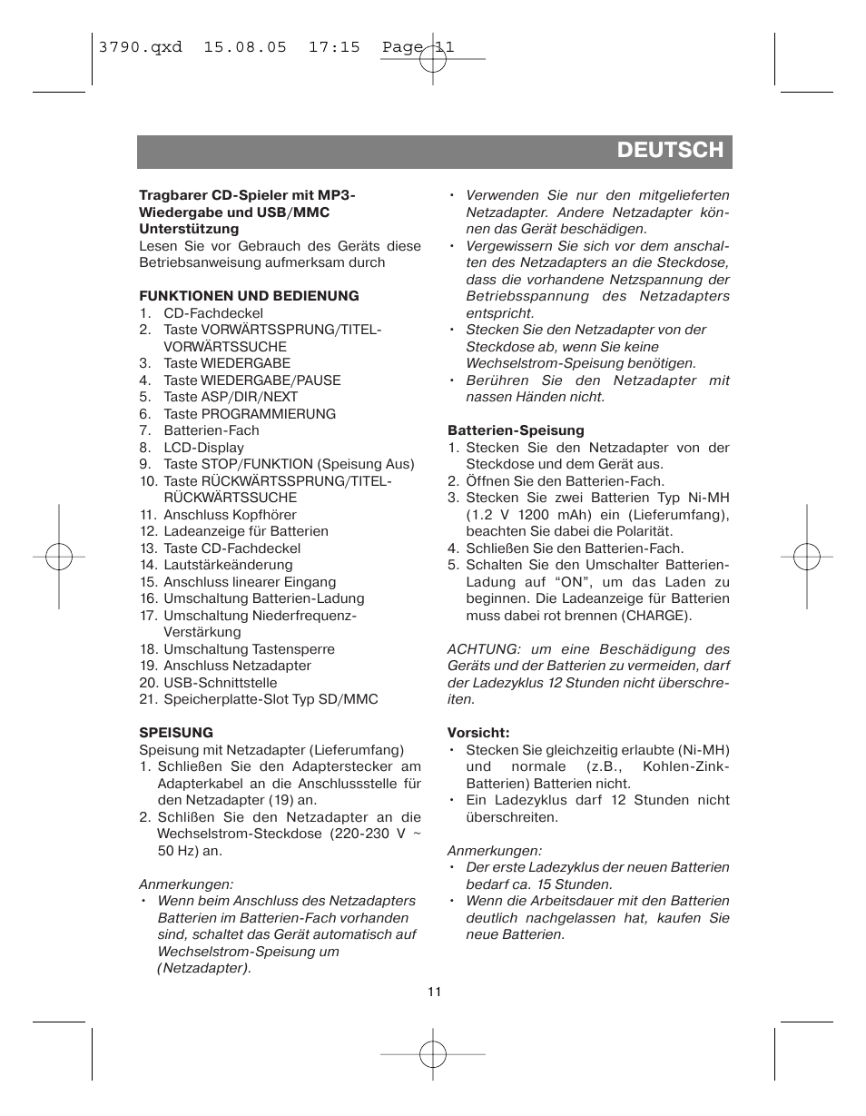 Deutsch | Vitek VT-3790 User Manual | Page 11 / 36