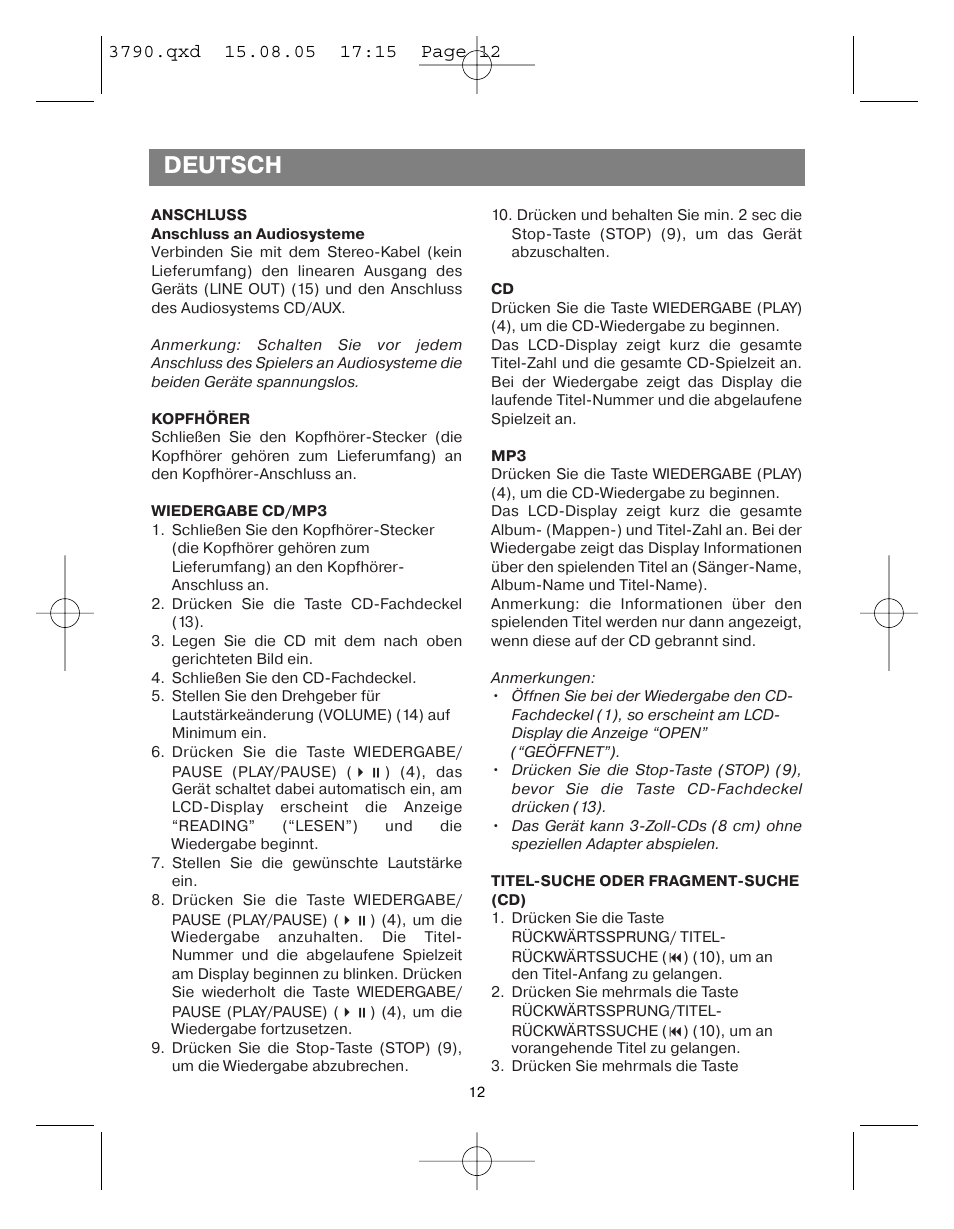 Deutsch | Vitek VT-3790 User Manual | Page 12 / 36