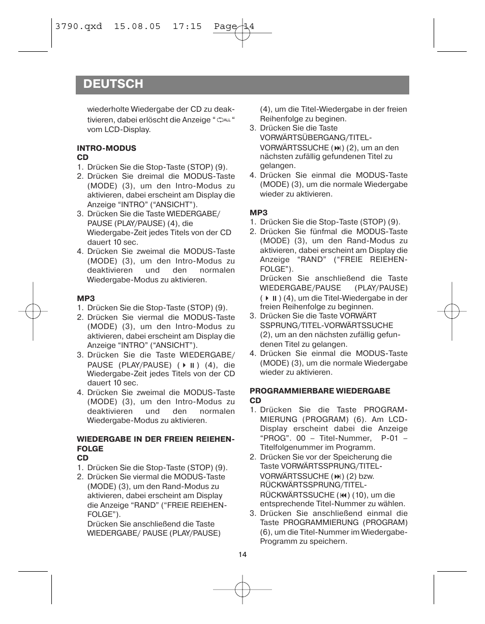 Deutsch | Vitek VT-3790 User Manual | Page 14 / 36
