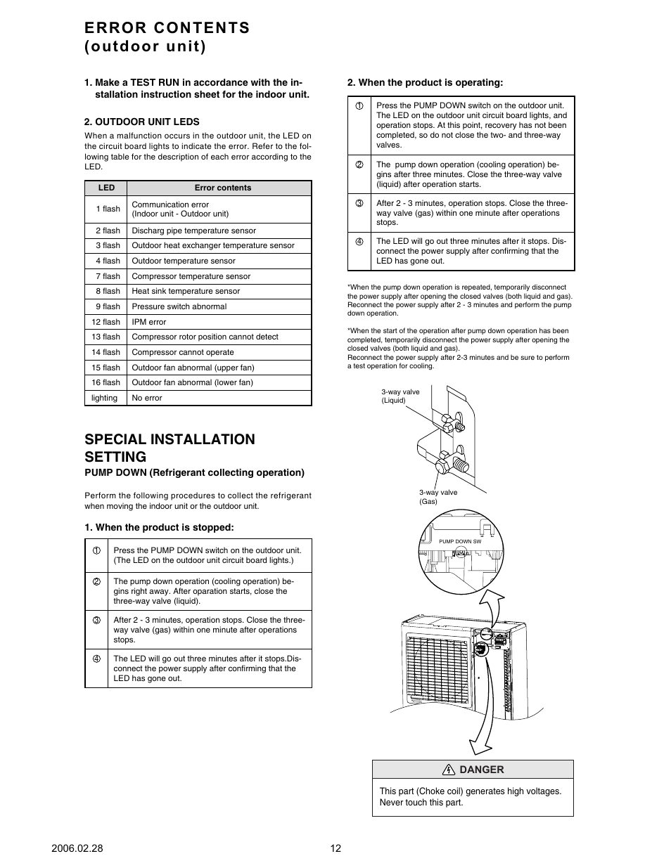 Error contents (outdoor unit), Special installation setting | Friedrich MR36Y3F User Manual | Page 13 / 25