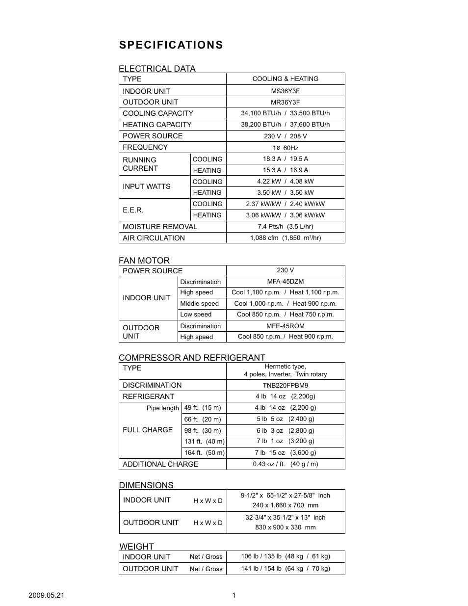 Specifications, Weight, Dimensions | Friedrich MR36Y3F User Manual | Page 2 / 25