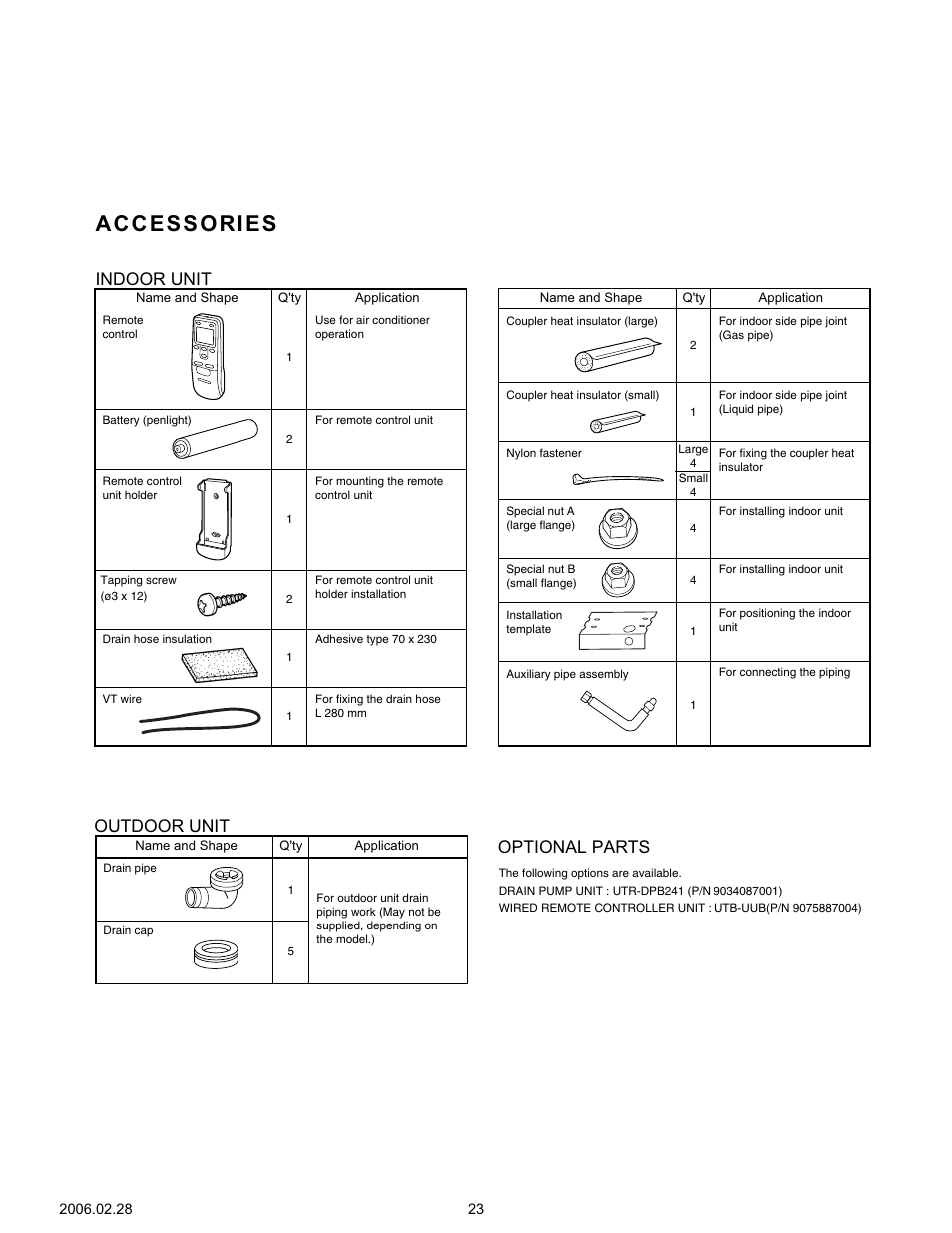 Accessories, Indoor unit, Outdoor unit | Optional parts | Friedrich MR36Y3F User Manual | Page 24 / 25