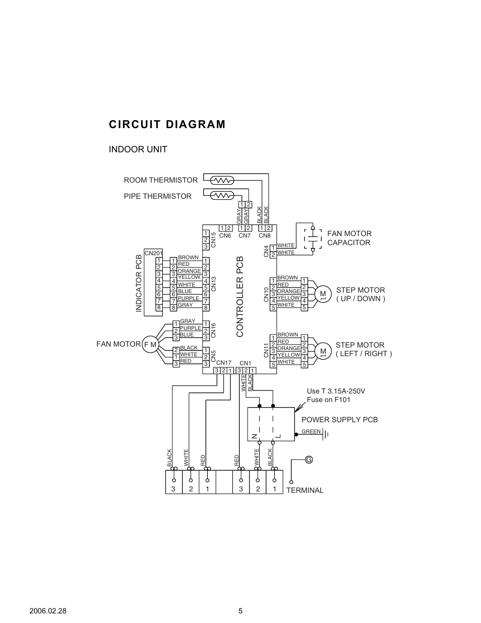 Circuit diagram, Indoor unit, Controller pcb | Friedrich MR36Y3F User Manual | Page 6 / 25