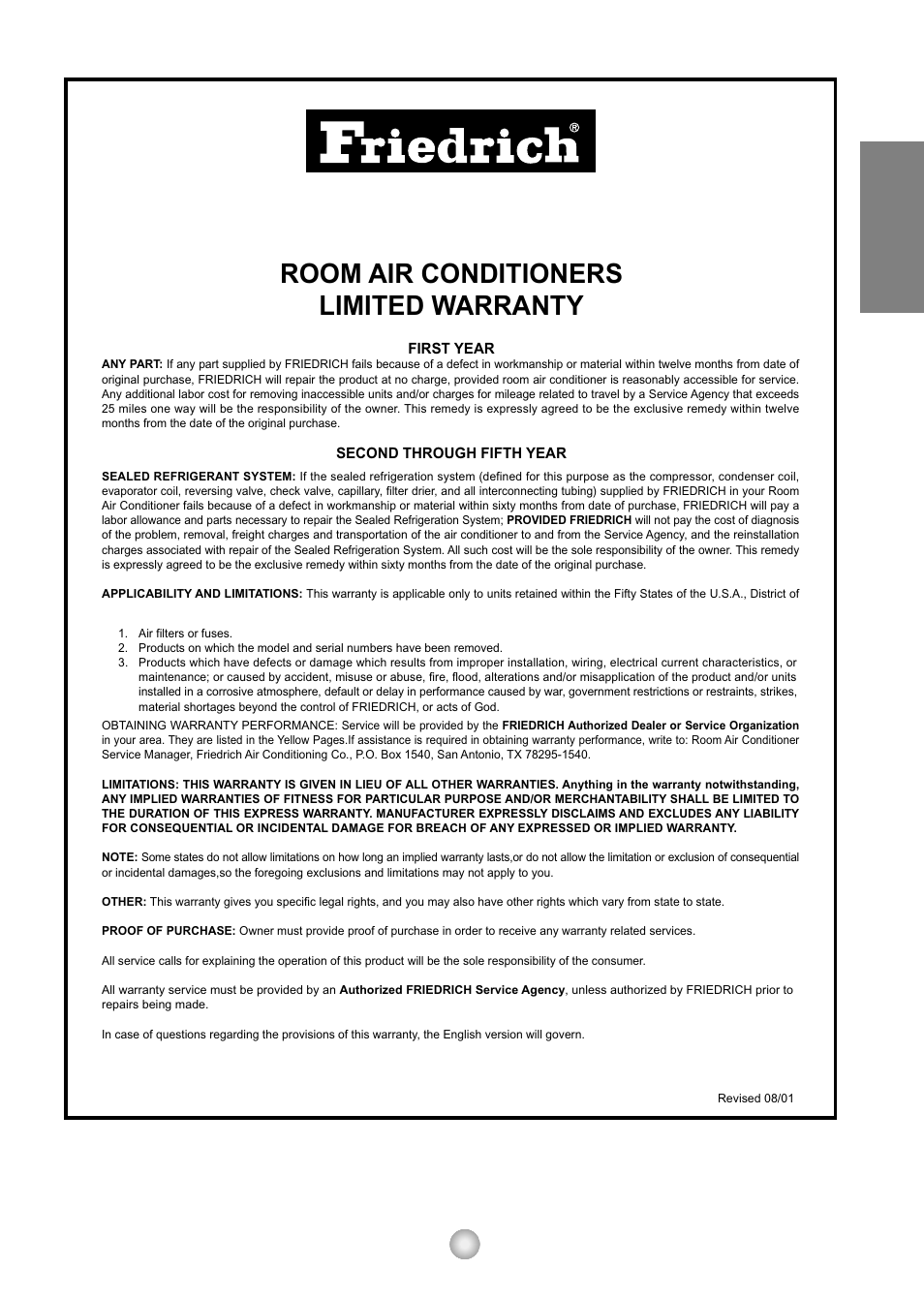 Room air conditioners limited warranty, English | Friedrich ZStar ZQ08 ZQ10 User Manual | Page 17 / 54