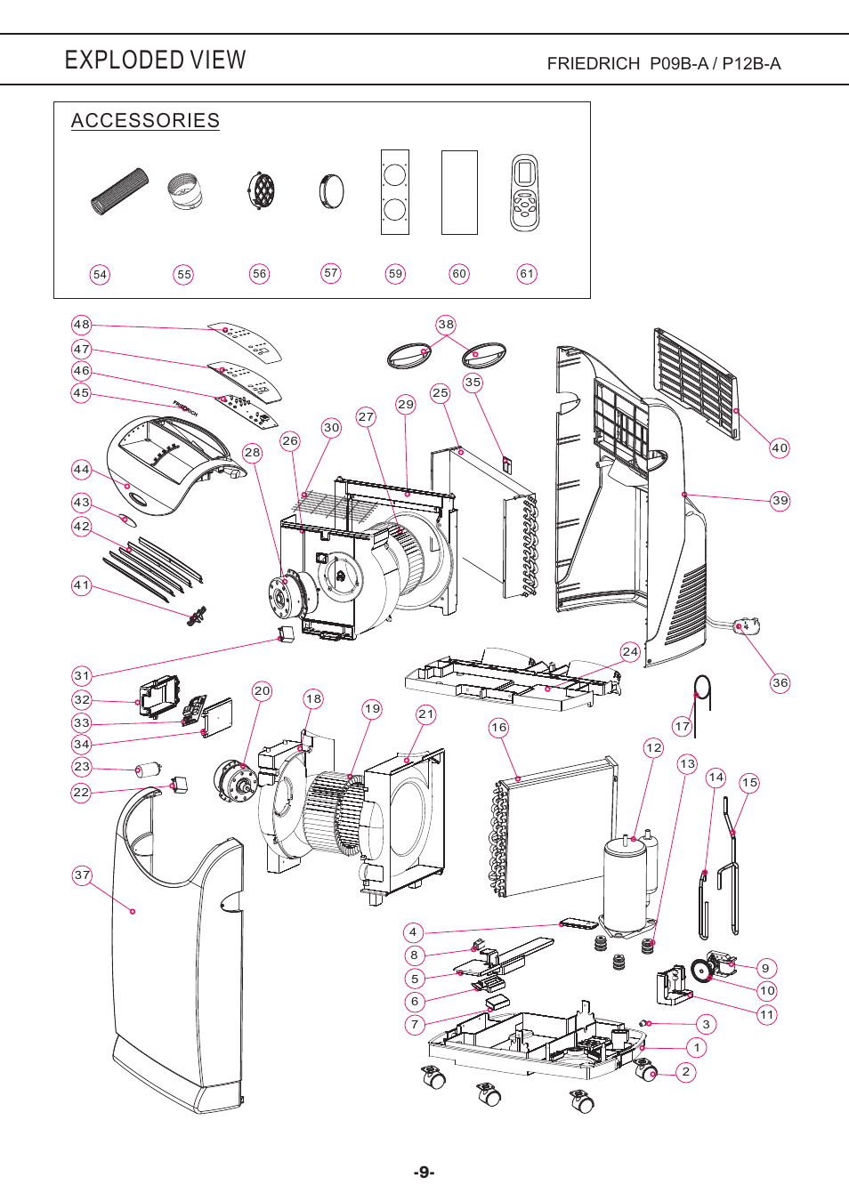 Exploded view, Accessories | Friedrich P09B User Manual | Page 10 / 12