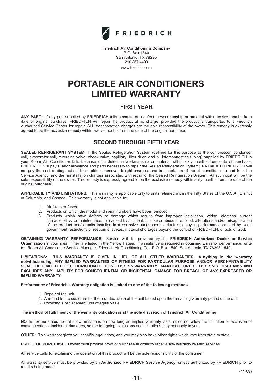 Portable air conditioners limited warranty, First year, Second through fifth year | Friedrich P09B User Manual | Page 12 / 12