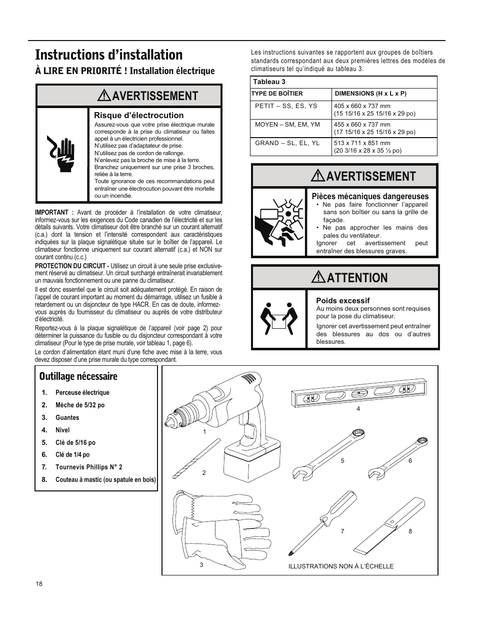 Instructions d’installation, Attention, Avertissement | Outillage nécessaire, À lire en priorité ! installation électrique, Pièces mécaniques dangereuses | Friedrich ES15M33 User Manual | Page 106 / 132