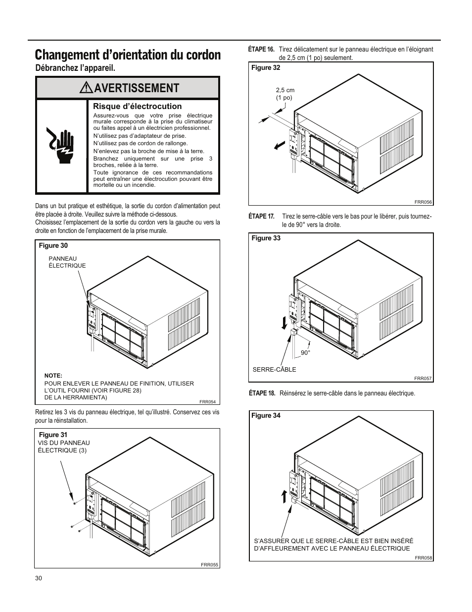 Changement d’orientation du cordon, Avertissement, Débranchez l’appareil | Friedrich ES15M33 User Manual | Page 118 / 132