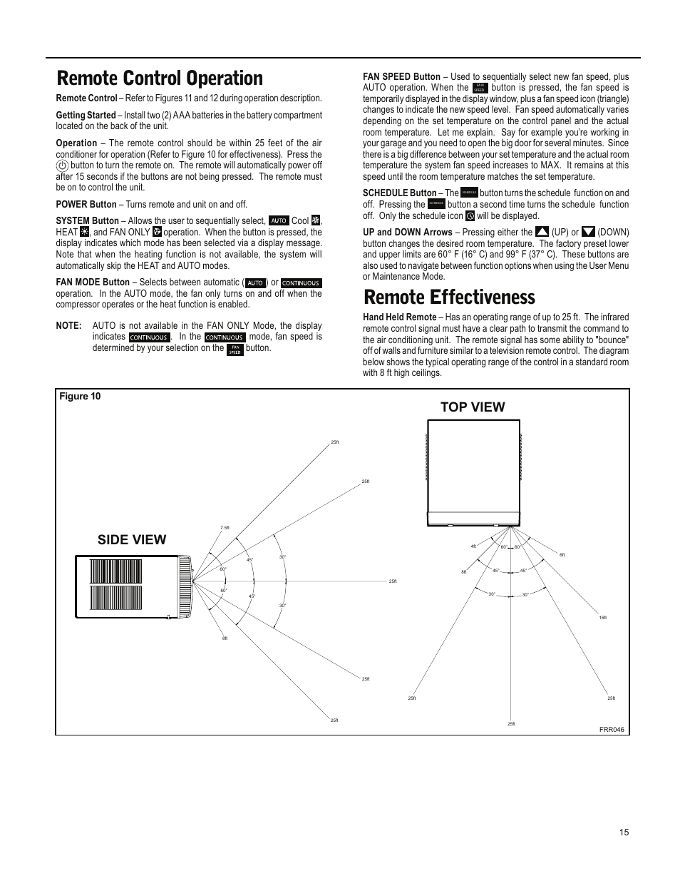 Remote control operation, Remote effectiveness, Side view top view | Friedrich ES15M33 User Manual | Page 15 / 132